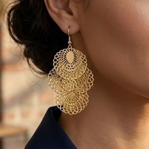 Gold Filigree Layered Statement Earrings Dangle Drop Ornate Lace 3.75 Inch New